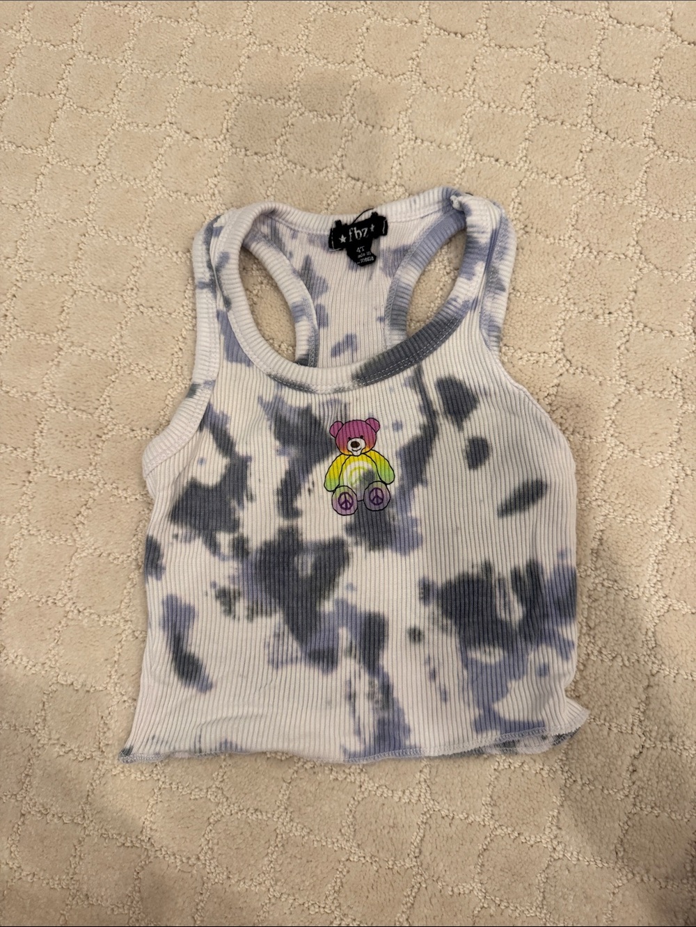 Flowers by Zoe White & Gray Tie-Dye Ribbed Tank with Rainbow Bear